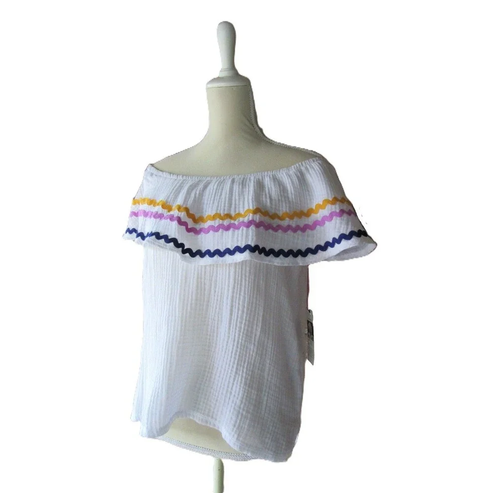 Off the Shoulder Top Womens L White Gibson x Hi Sugarplum! Santa Fe Rickrack